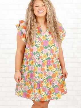 Chic Soul Floral Mini Dress - Pink, Yellow & Orange